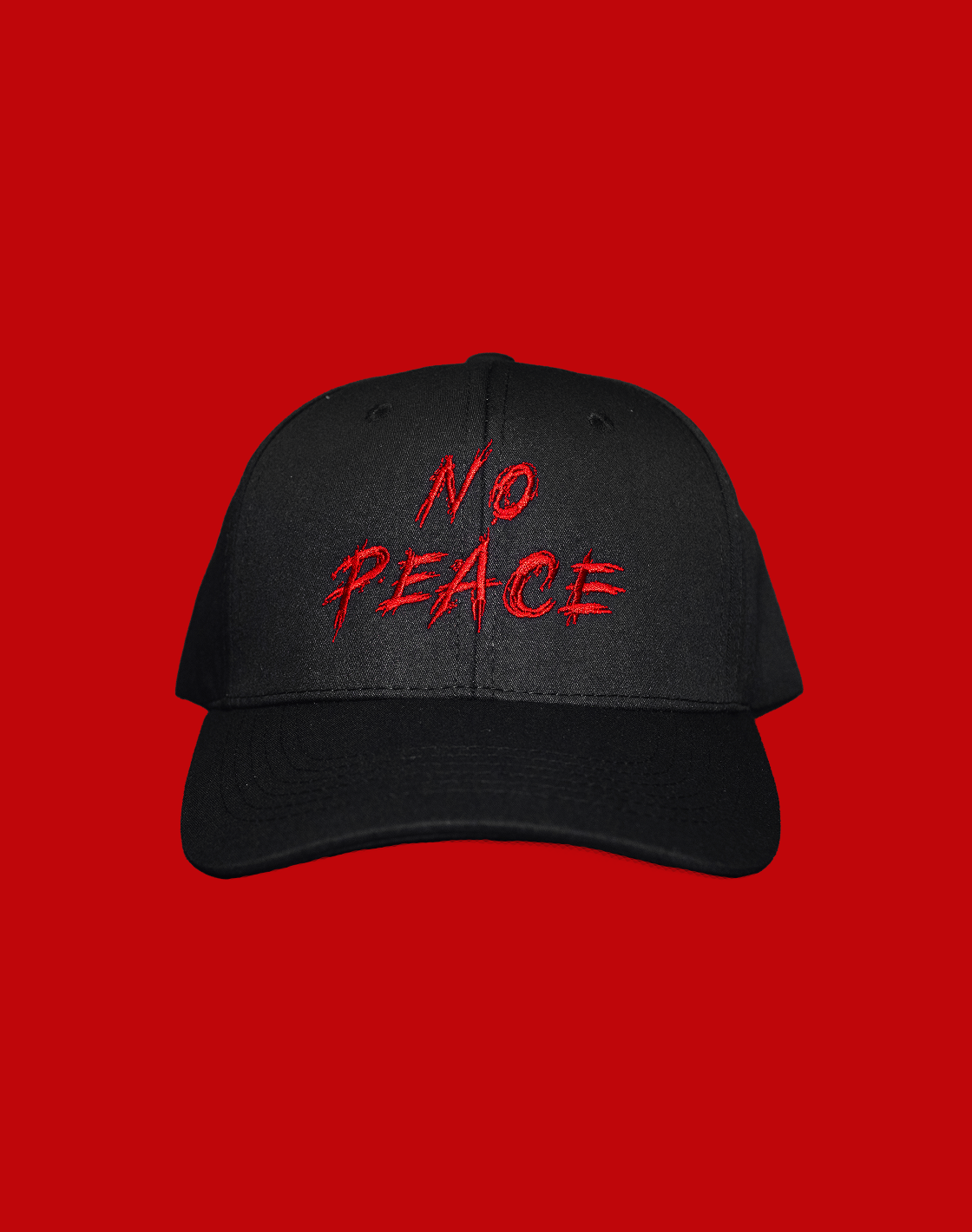 Black cap with 'NO PEACE' in red on a red background