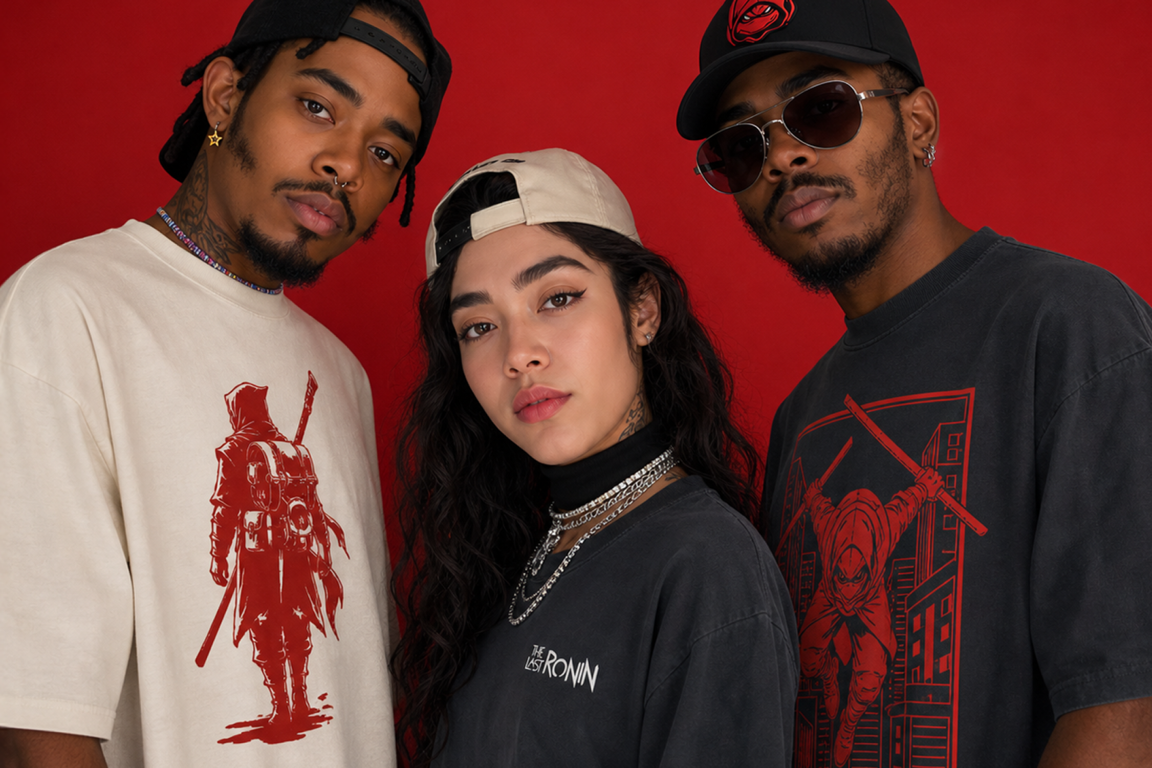 Three people posing together against a red background, wearing graphic t-shirts.