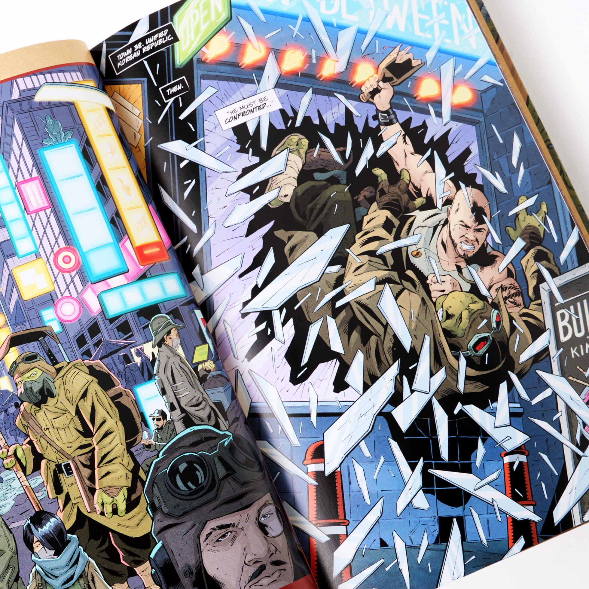 Comic book page with a character surrounded by shuriken in an urban setting