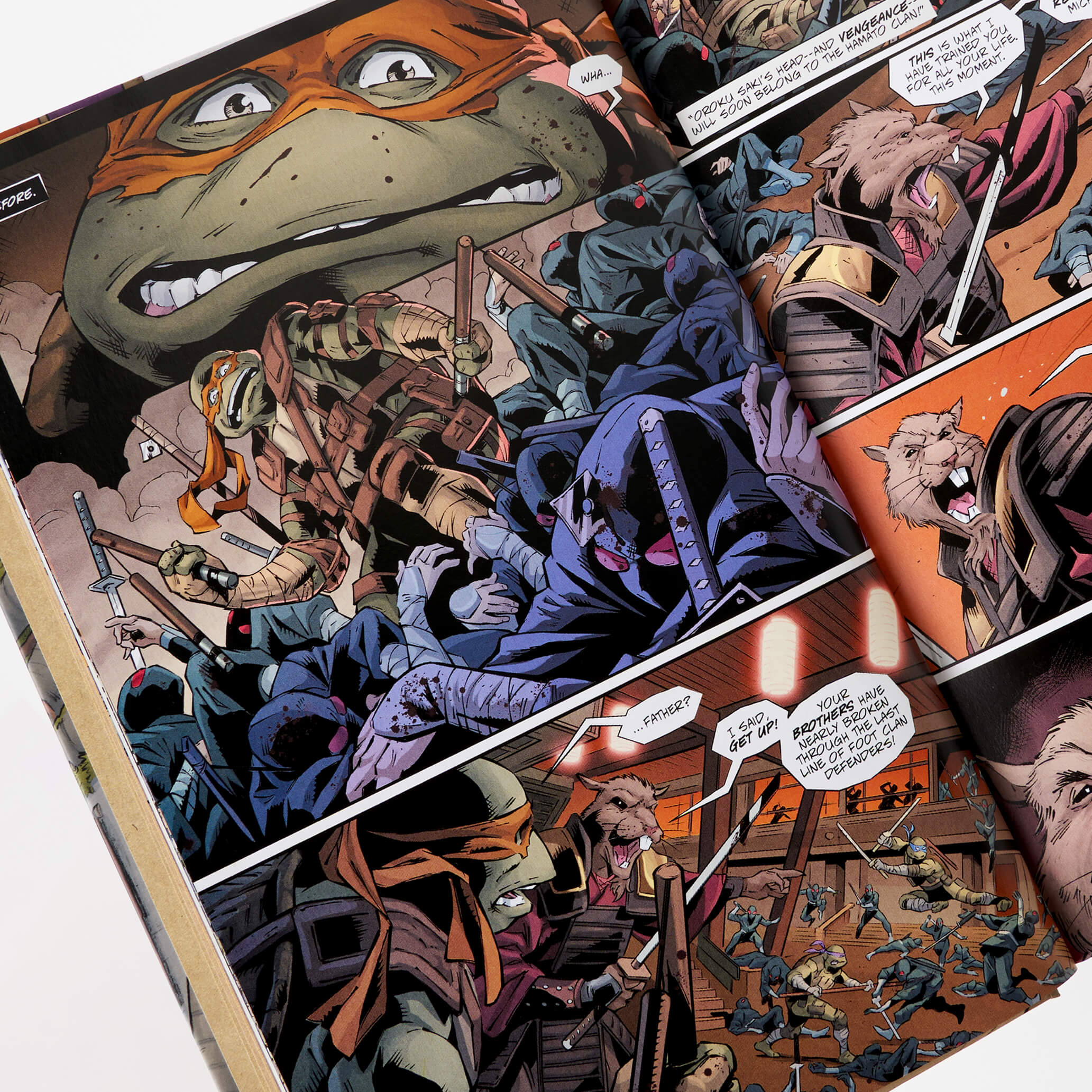 Comic book panel with turtles and hooded figures in a battle scene