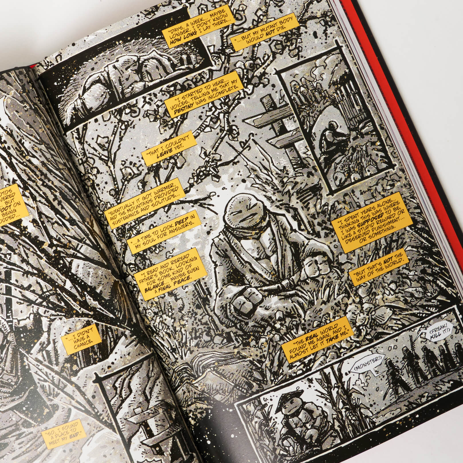 Comic book with black and white illustrations and yellow text annotations on a white background